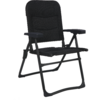 Schwarzer Klappstuhl mit gepolstertem Sitz und Rückenlehne, Armlehnen und Metallgestell