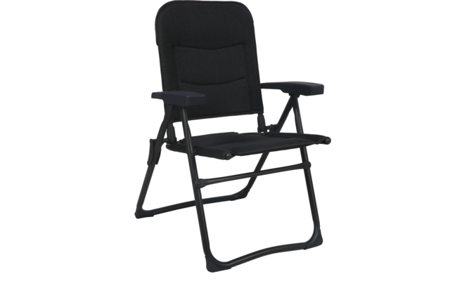 Schwarzer Klappstuhl mit gepolstertem Sitz und Rückenlehne, Armlehnen und Metallgestell