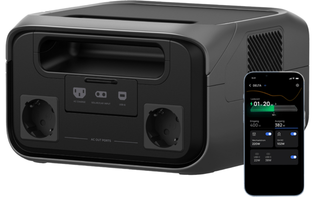 Schwarze Powerstation mit zwei Steckdosen und einem Display, daneben ein Smartphone mit zugehöriger App auf dem Bildschirm