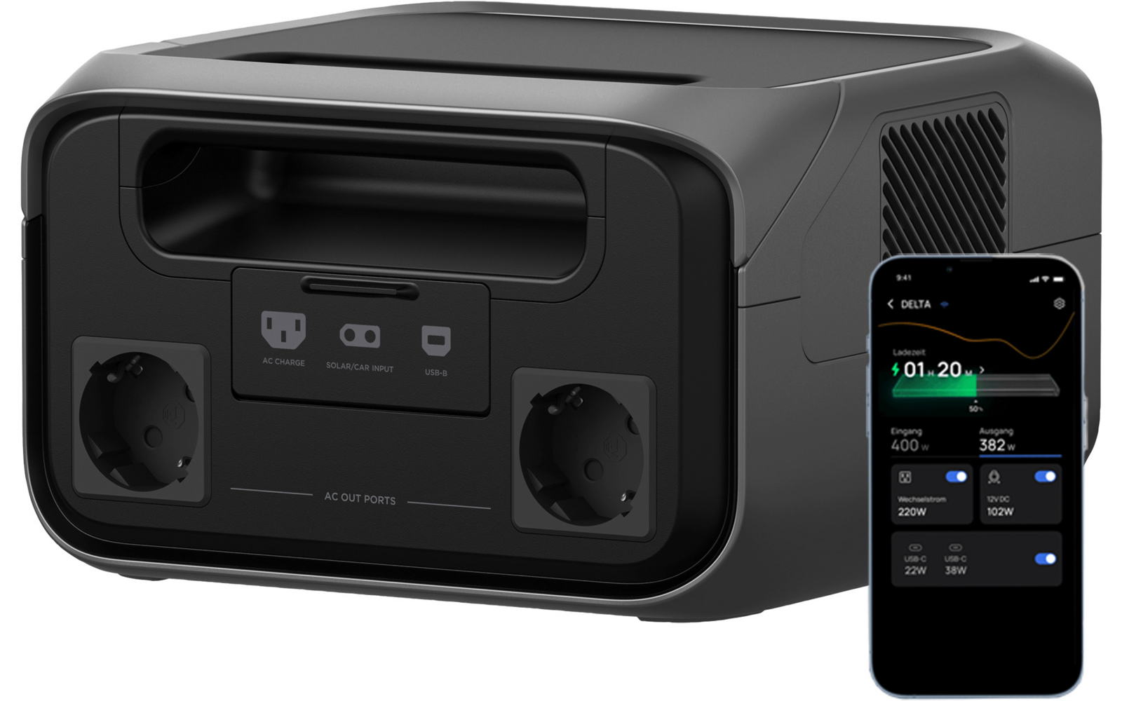 Schwarze Powerstation mit zwei Steckdosen und einem Display, daneben ein Smartphone mit zugehöriger App auf dem Bildschirm