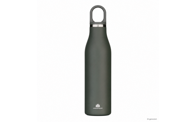 Dunkelgrüne, matte Trinkflasche mit schlankem Körper, Deckel mit rundem Tragegriff und silbernem Ring, weißes Logo mit Bergsymbol unten