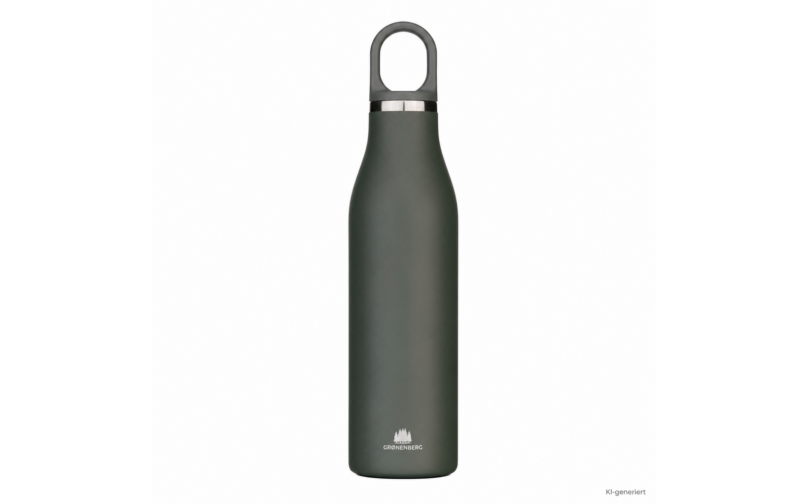 Dunkelgrüne, matte Trinkflasche mit schlankem Körper, Deckel mit rundem Tragegriff und silbernem Ring, weißes Logo mit Bergsymbol unten