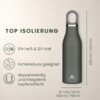 Dunkelgrüne Thermoflasche rechts; links die Überschrift 'TOP ISOLIERUNG' mit drei Ikonen und den Texten '8h heiß & 12h kalt', 'Kohlensäure geeignet', 'doppelwandig und integrierte Kupferschicht'. Maßangaben rechts '28,5 cm / 32,0 cm', unten 'Ø 7 cm /