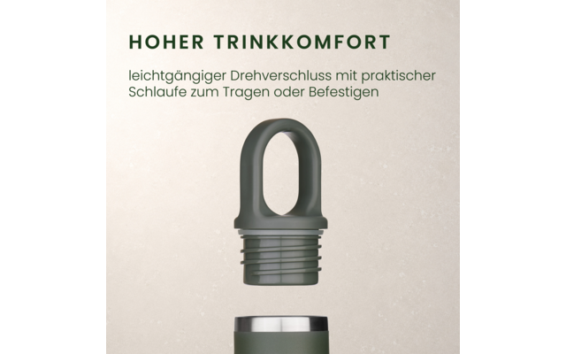 Grüner Schraubverschluss mit großer Trageschlaufe über dem Flaschenrand; oben der Text „HOHER TRINKKOMFORT“ und darunter kleinerer Text „leichtgängiger Drehverschluss mit praktischer Schlaufe zum Tragen oder Befestigen“ vor beigem Hintergrund