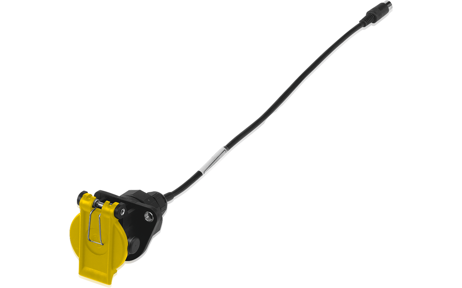 Enrollacables amarillo y negro con cable negro extendido