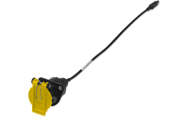 Enrollacables amarillo y negro con cable negro extendido