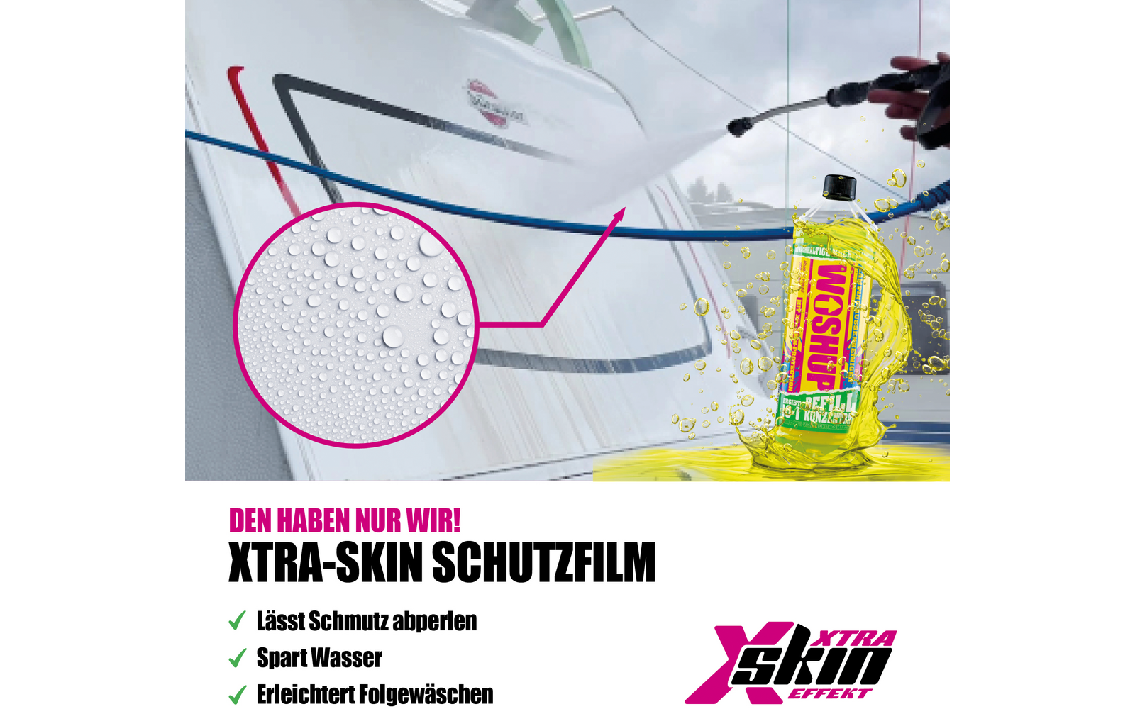 Sprühflasche mit XTRA-SKIN Schutzfilm und einem Ski im Hintergrund