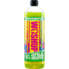 Flasche mit gelbem Autoshampoo, Etikett mit bunter Aufschrift