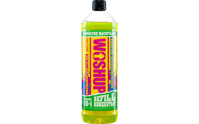Flasche mit gelbem Autoshampoo, Etikett mit bunter Aufschrift