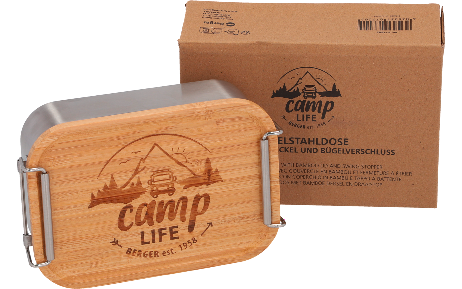 Holzbox mit Gravur 'camp LIFE' und eine Papierschachtel im Hintergrund