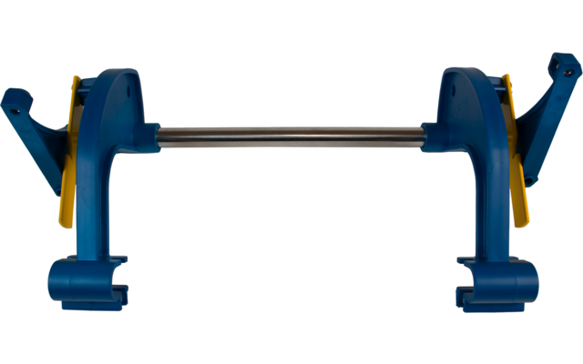 Blauer und gelber mechanischer Hebel aus Metall mit zwei Armen und einer Stange dazwischen