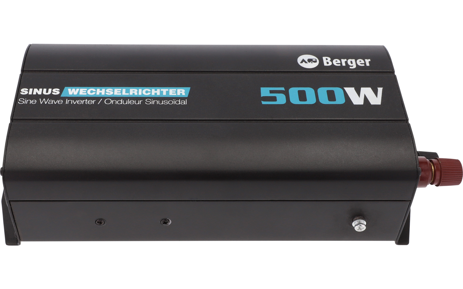 Schwarzes rechteckiges Gerät mit den Aufdrucken "Sinus Wechselrichter", "500W" und "Berger", rote Anschlussbuchse rechts