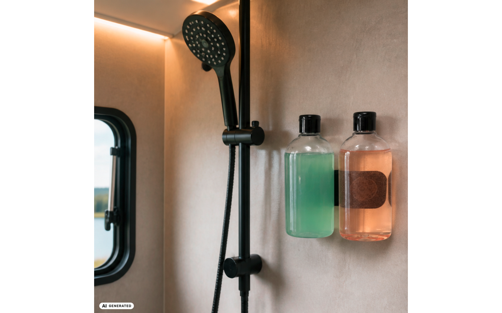 Zwarte handdouche met slang aan een rail, twee aan de muur gemonteerde doorzichtige dispenserflessen met groene en roze vloeistof, klein rechthoekig raam links