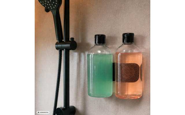 Twee doorzichtige plastic flessen met groene en roze vloeistof aan een wandhouder naast een zwarte douchekop