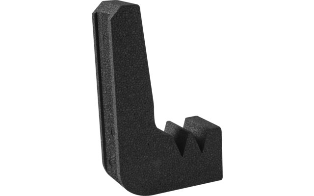 Schwarzer Schaumstoffblock in L-Form mit texturierter Oberfläche und zwei V-förmigen Aussparungen