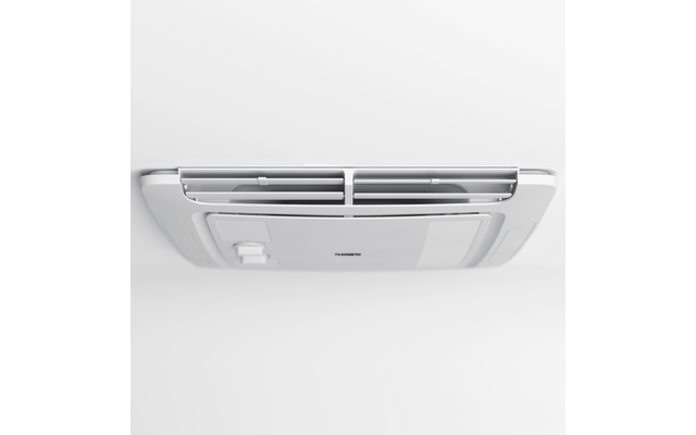 Weißes, rechteckiges Gerät an der Decke mit zwei horizontalen Luftauslässen und kleinem Bedienknopf