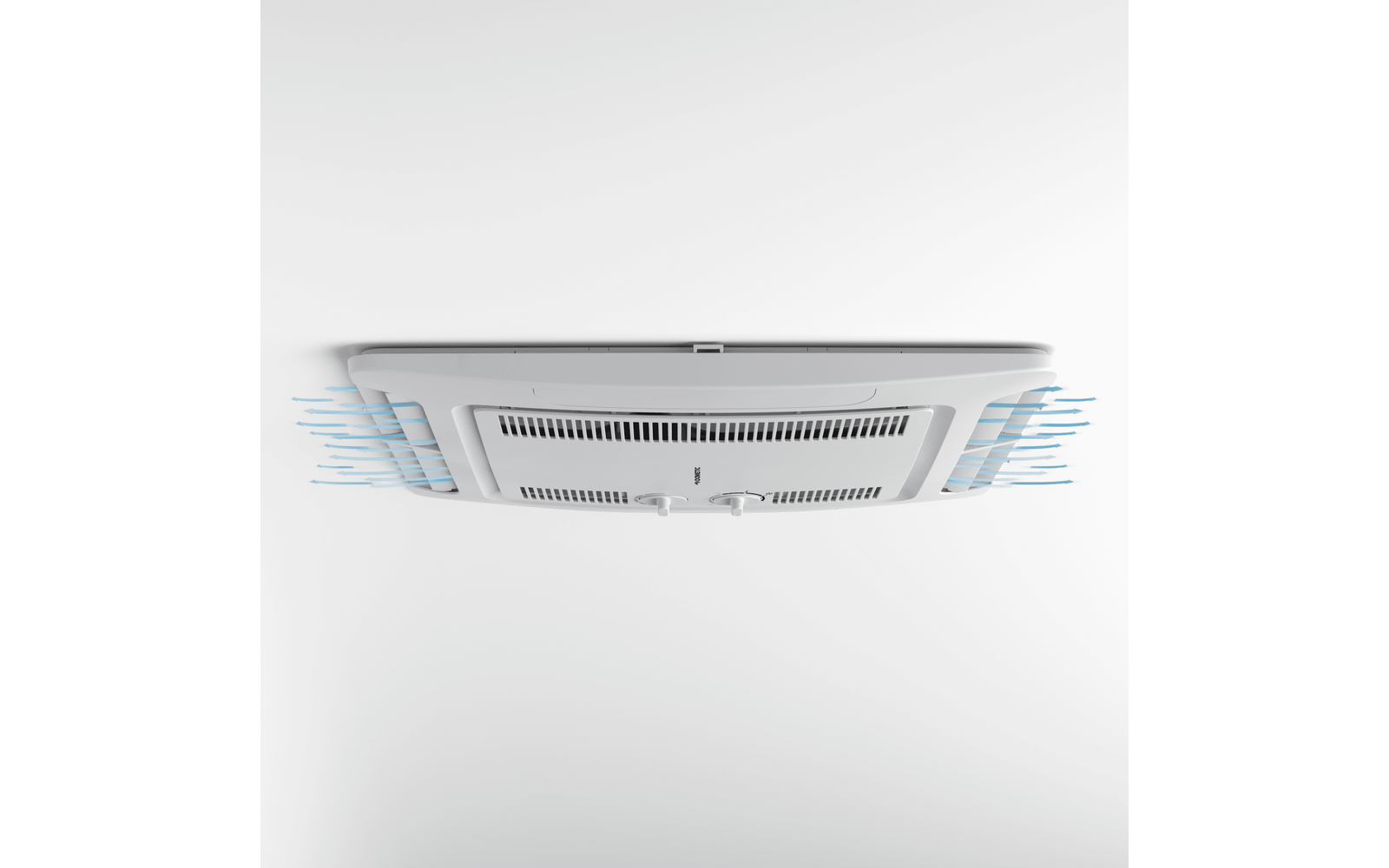 Weißes rechteckiges Lüftungsgitter auf hellem Hintergrund, blaue Linien links und rechts