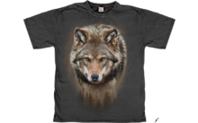 Schwarzes T-Shirt mit einem großen Wolfsbild auf der Vorderseite