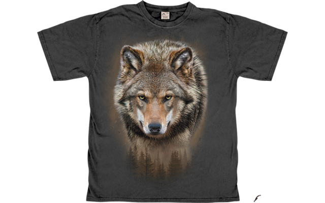 Schwarzes T-Shirt mit einem großen Wolfsbild auf der Vorderseite