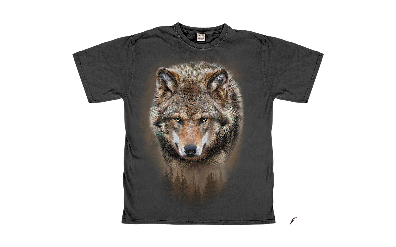 Schwarzes T-Shirt mit einem großen Wolfsbild auf der Vorderseite