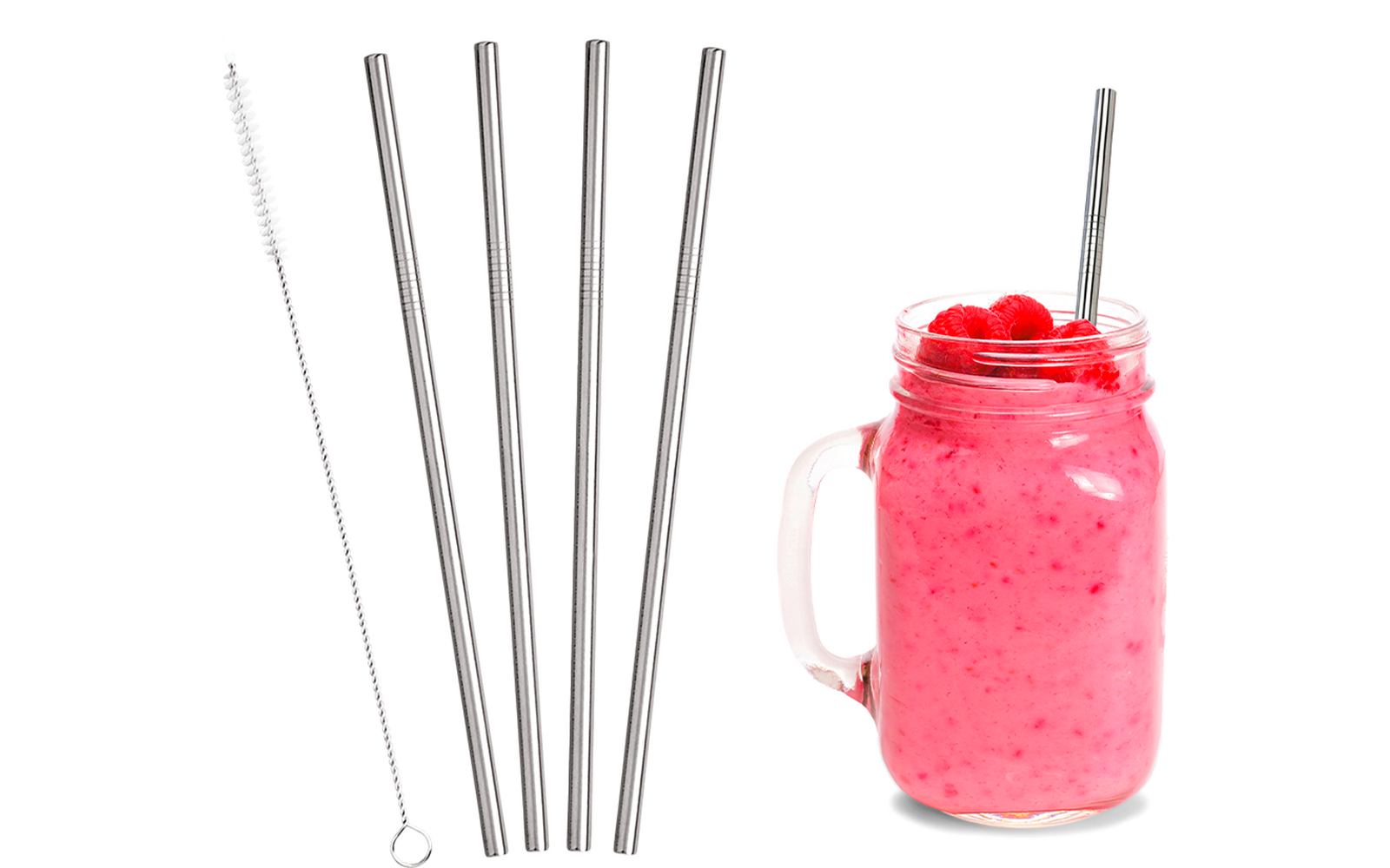 Ein Glas mit pinkem Smoothie, garniert mit Himbeeren und einer Metalltrinkhalm, daneben mehrere gerade Metalltrinkhalme