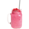 Glas mit rosa Smoothie und roten Kirschen auf weißem Hintergrund