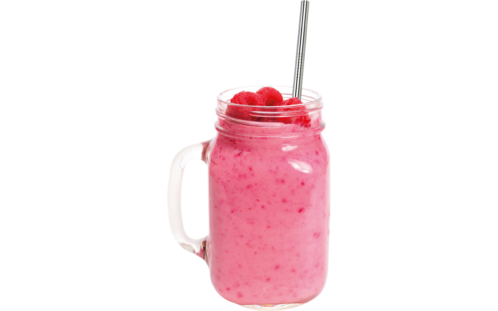 Glas mit rosa Smoothie und roten Kirschen auf weißem Hintergrund