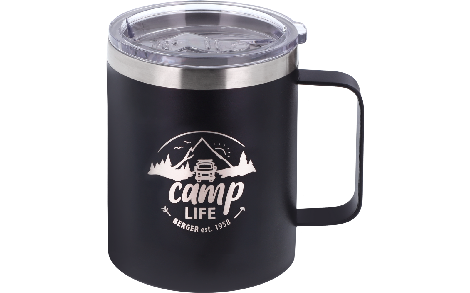 Black insulated mug with handle and transparent lid, white 'camp life' logo with mountain, camper and trees, text 'Berger est. 1958' below