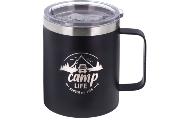Black insulated mug with handle and transparent lid, white 'camp life' logo with mountain, camper and trees, text 'Berger est. 1958' below