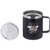 Black metal mug with handle and stainless-steel rim, white 'camp life' logo showing mountains and cabin, clear plastic lid beside it