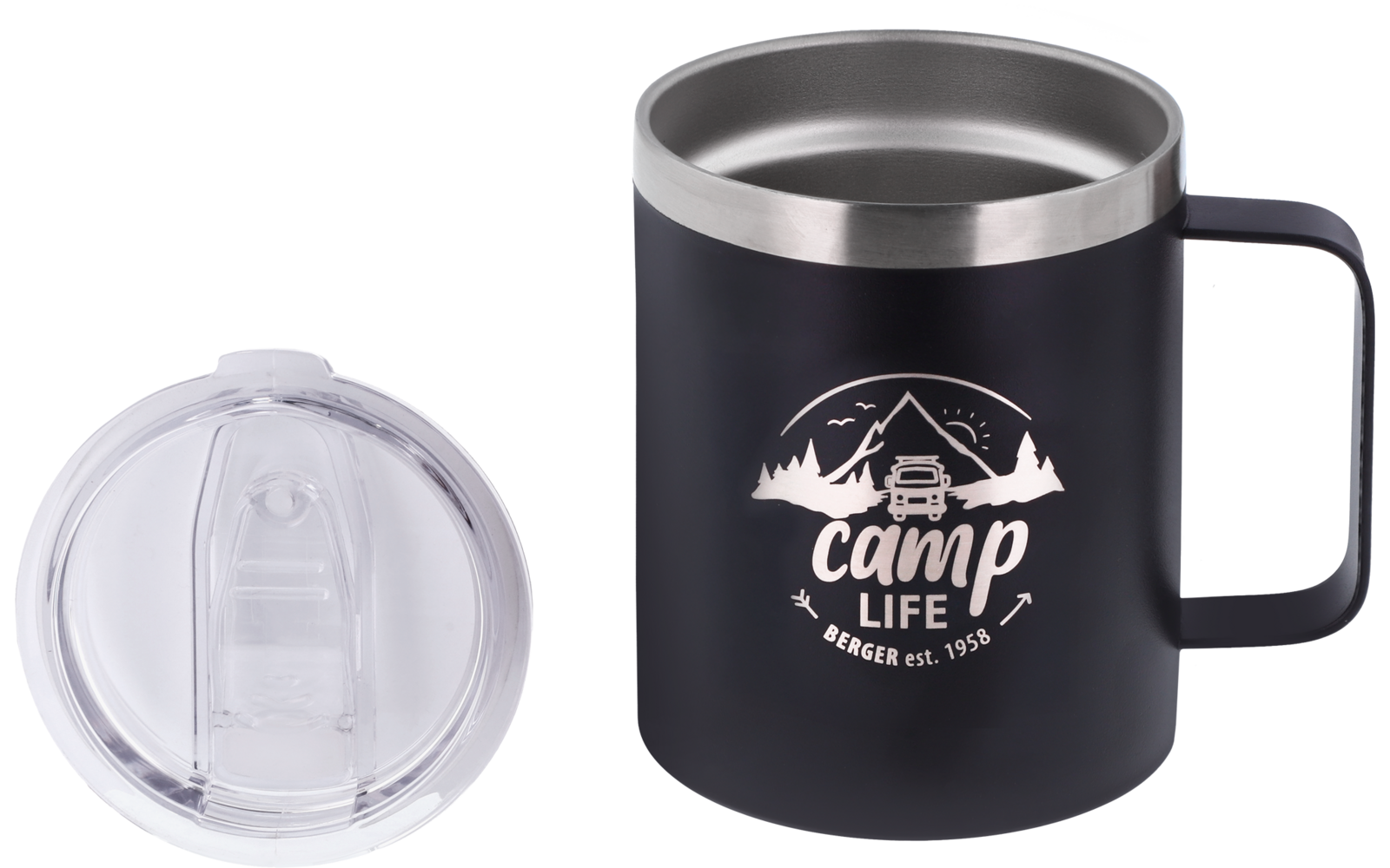Black metal mug with handle and stainless-steel rim, white 'camp life' logo showing mountains and cabin, clear plastic lid beside it