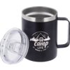 Black mug with stainless-steel rim and handle, transparent plastic lid beside it; white print of mountains, camper van and the text 'camp life' and 'BERGER est. 1959'