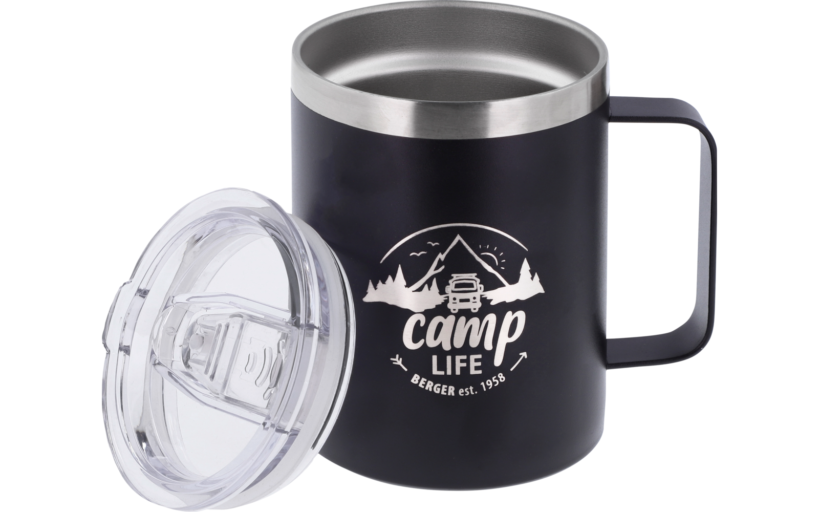 Black mug with stainless-steel rim and handle, transparent plastic lid beside it; white print of mountains, camper van and the text 'camp life' and 'BERGER est. 1959'