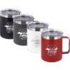 Four mugs with transparent lids in black, dark gray, white, and red; each mug displays a white logo with a mountain and cabin icon and the text "camp LIFE"; the red mug has a handle; mugs arranged diagonally in a row