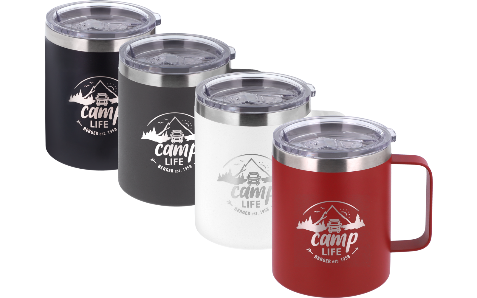 Four mugs with transparent lids in black, dark gray, white, and red; each mug displays a white logo with a mountain and cabin icon and the text "camp LIFE"; the red mug has a handle; mugs arranged diagonally in a row