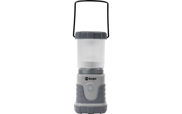 Grijze cilindrische lantaarn met witte geribbelde lichtkap, draaghendel, drukknop en zichtbaar 'Berger'-logo
