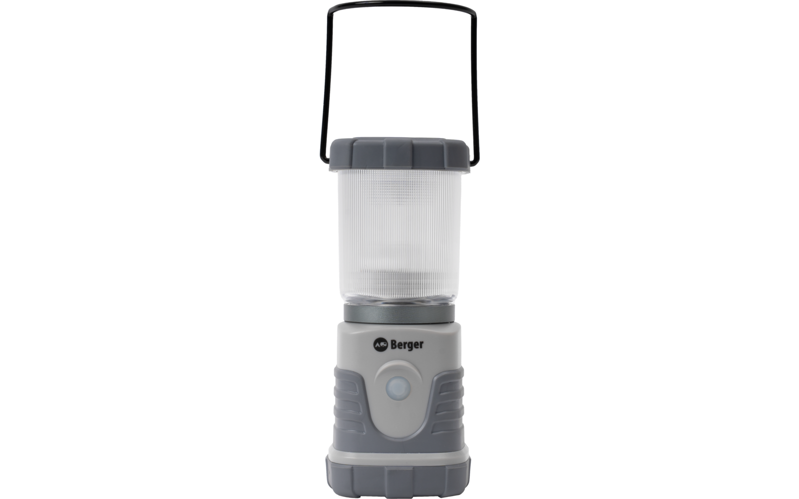 Grijze cilindrische lantaarn met witte geribbelde lichtkap, draaghendel, drukknop en zichtbaar 'Berger'-logo