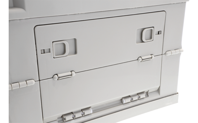 Weiße Kunststoffklappe mit zwei rechteckigen Riegeln, Scharnieren und Halteclips