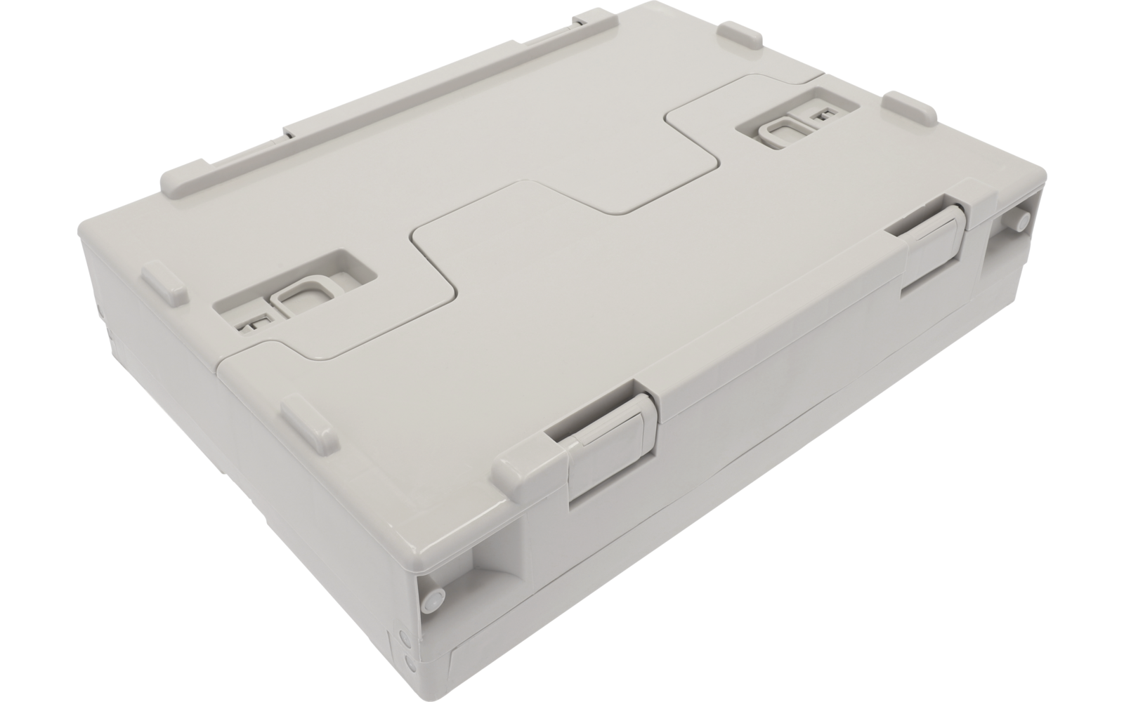 Hellbeige rechteckige Kunststoffbox mit seitlichen Verschlüssen und eingelassenen Griffen