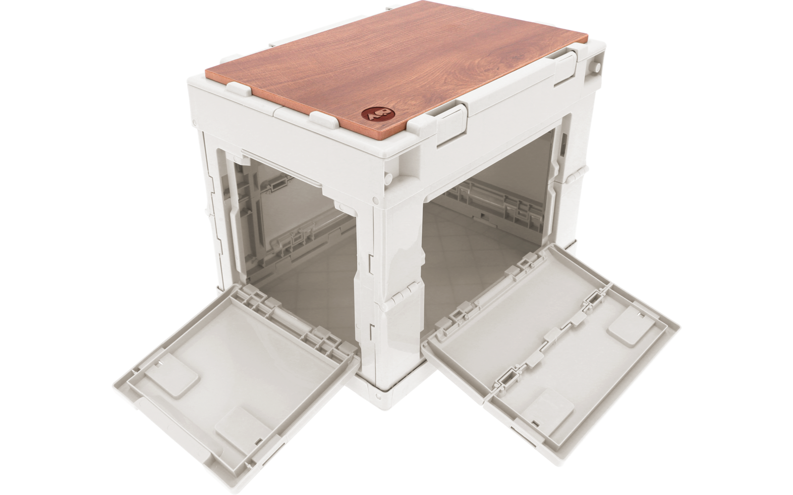 Weißer quadratischer Kunststoffkasten mit zwei aufgeklappten Seitenklappen und braunem Holzdeckel oben