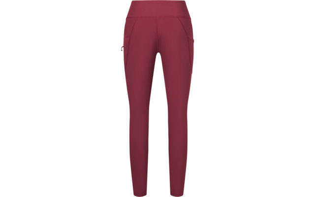 Leggings bordeaux con vita alta, tasche laterali e gambe affusolate, vista frontale su sfondo bianco