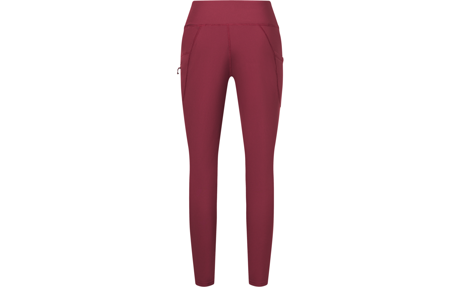 Leggings bordeaux con vita alta, tasche laterali e gambe affusolate, vista frontale su sfondo bianco