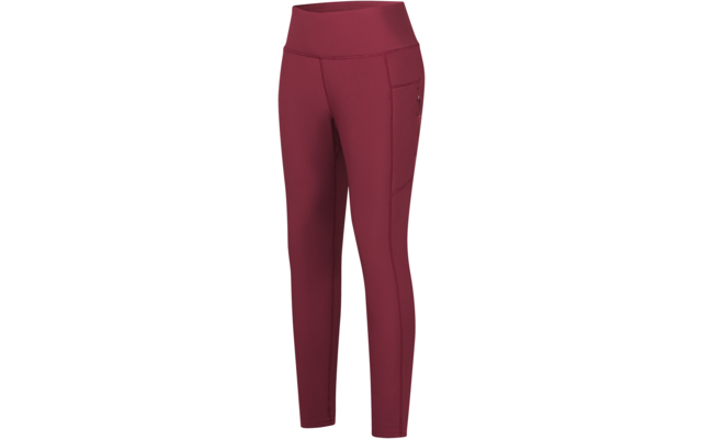 Leggings bordeaux a vita alta con tasca laterale e cuciture visibili, lunghezza alla caviglia, su sfondo bianco