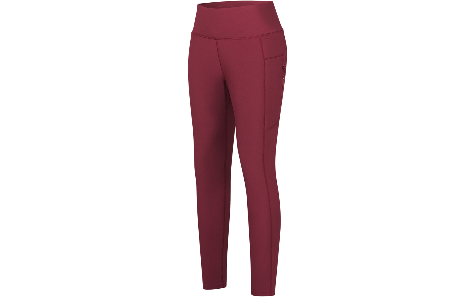 Leggings bordeaux a vita alta con tasca laterale e cuciture visibili, lunghezza alla caviglia, su sfondo bianco