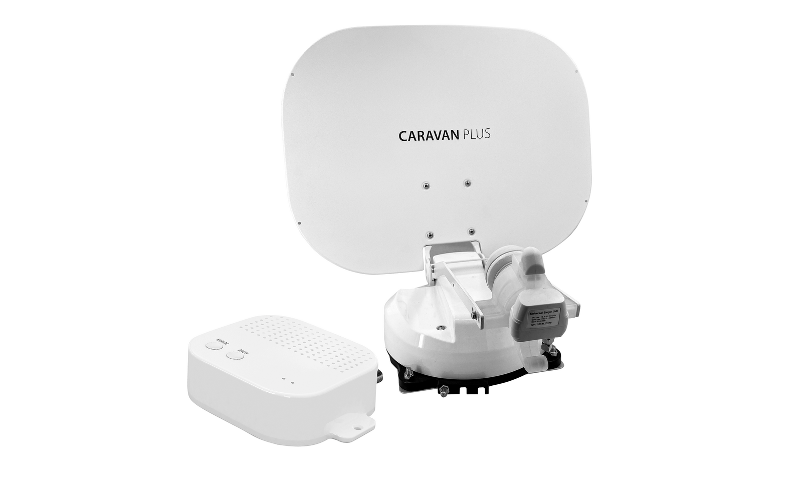 White satellite dish with attached device and additional white box
