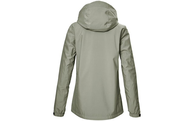 Olivgrüne Kapuzenjacke, Rückansicht, lange Ärmel, hüftlang