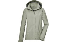 Chaqueta verde claro con capucha, cremallera frontal completa, solapa y dos bolsillos laterales con cremallera