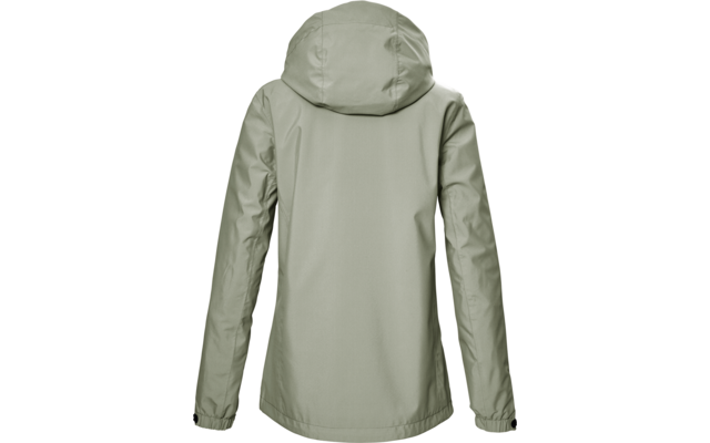 Vista trasera de una chaqueta con capucha verde claro, mangas largas y puños elásticos