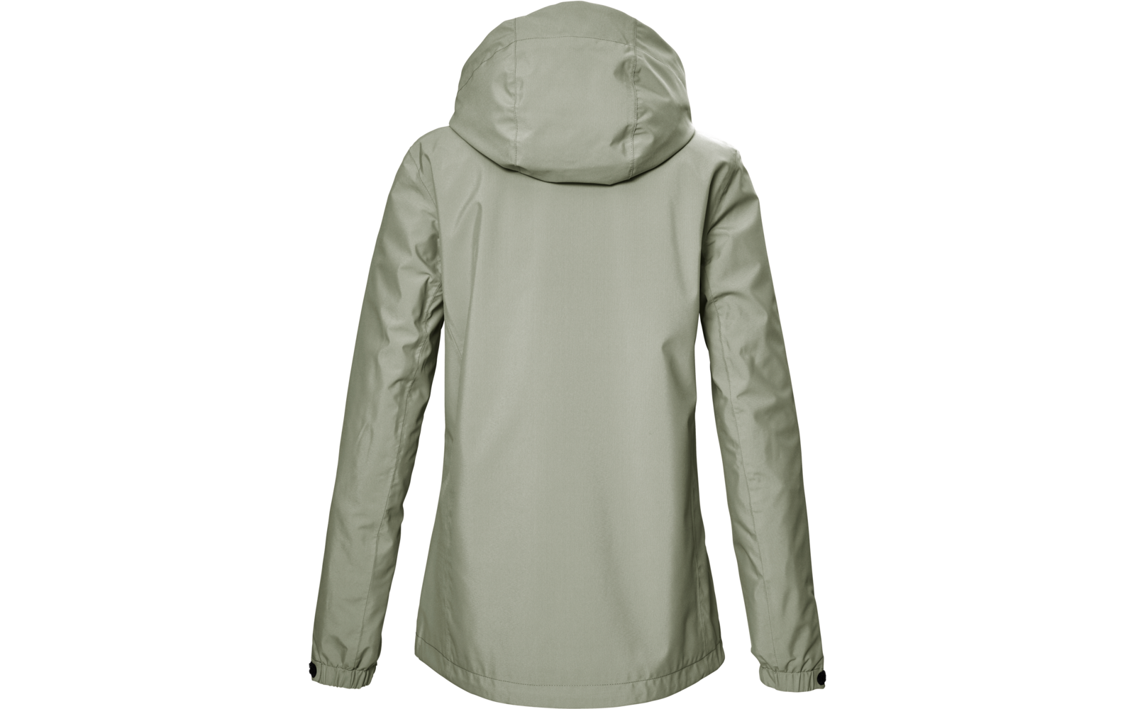 Vista trasera de una chaqueta con capucha verde claro, mangas largas y puños elásticos