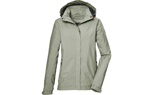 Chaqueta verde claro con capucha, cremallera frontal completa, solapa y dos bolsillos laterales con cremallera